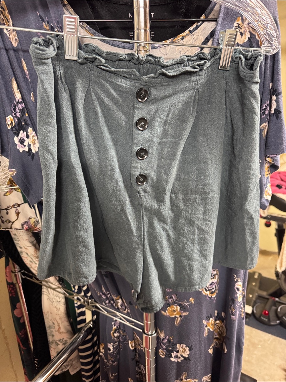 Button-Front Slate Blue Ruffle Waist Shorts